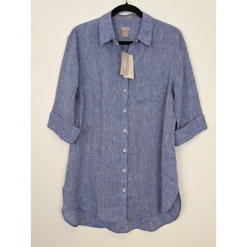 NWT Chico's No Iron Linen Tunic M Indigo Blue High Low 3/4 Sleeve Coastal